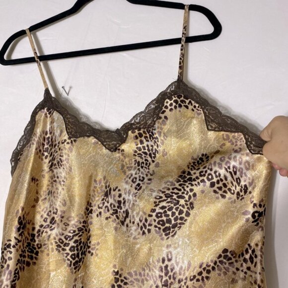 Vintage Y2K Premiere Collection Leopard Print Satin Slip Dress Lingerie W Lace L - Picture 9 of 14